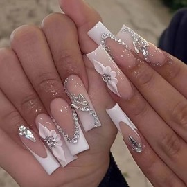 RikView Uñas de Punta Francesa Cuadrado Presione En Uñas Largas Uñas Falsas Con Flores 3D Uñas Blancas Brillante Palo En Uñas 24 Pzas