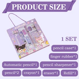 GNHG Anime Stationery Set, Kuromi Stationery Gift Set for Girls, Eraser, Sharpener, Replacement Leads, Ruler, Pencil, Children's Party Bag, Gift Set for Girls and Boys