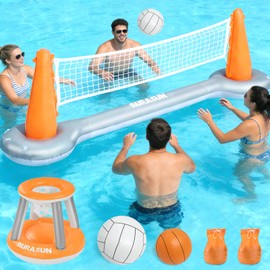 AURASUN Inflatable Pool Volleyball Net, Floating Swimming Pool Set with Basketball Hoop, Summer Pool Game Toy for Kids and Adults, Float Water Volleyball Court