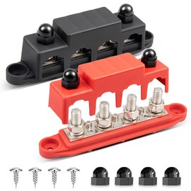 RED WOLF Bar Bus 4 x 3/8" Power Distribution Block, 3 x #8(M4) Screws Terminals Max 48V 250A Power Distribution Block Battery Buss Bar with Cover for Marine Automotive Solar Wiring