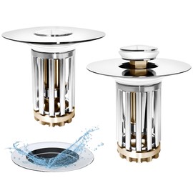 WSYLEN Bathroom Sink Stopper Pop Up, 3 in 1 Bathroom Sink Drain Strainer with Two-Section Removable Brass Basket Hair Catcher,Universal for 1.1 to 1.6in Drain, Chrome Silver, 2PCS