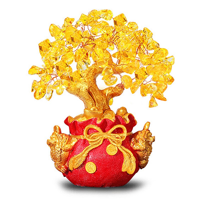 Yellow Quartz Crystal Money Tree Double Golden Toads Bonsai Style
