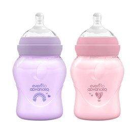 Evenflo Advanced Biberón Anticólicos Avanzado, Cuello Ancho, Rosa y Lila, Silicón Grado Alimenticio, 150ml, Sistema Doble Válvula, Flujo Lento, para Bebés 0-3 Meses, Paquete de 2 Piezas