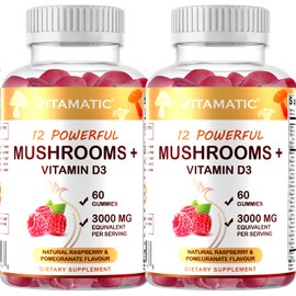 Vitamatic 2 Packs Mushroom Complex with D3 Gummies, 60 Pectin Based Gummies, 3000 mg Equivalent Per Serving, (Total 120 Gummies)