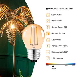Suncan G14 2W Low Wattage Led Bulb E27, Amber G45 Edison Mini Light Bulb, Equivalent 15 Watt, Soft White 2500k, 150lm, for Chandelier Bathroom Vanity Mirror, Not Dimmablem2 Pack