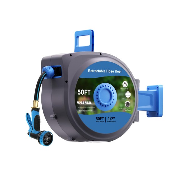 Retractable Garden Hose Reel, Wall-Mounted Hose Reel 1/2 in x