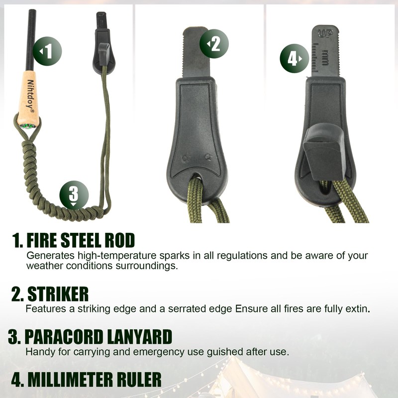 Nihtdoy Ferro Rod Fire Starter – Carbon Steel Striker &