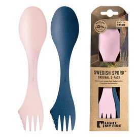Light My Fire Spork Original — 2 Pack Camping Cutlery 3-in-1 Reusable Sporks Travel Cutlery Set - Outdoor Backpacking Hiking Picnic Utensil BPA Free Camping Essentials (2pack HazyBlue/Dustypink)