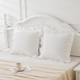 Vintage Off White Ruffle Euro Shams Shabby Farmhouse Pillow Cover 100% Washed Cotton Pillowcases Set of 2-26"x26" White