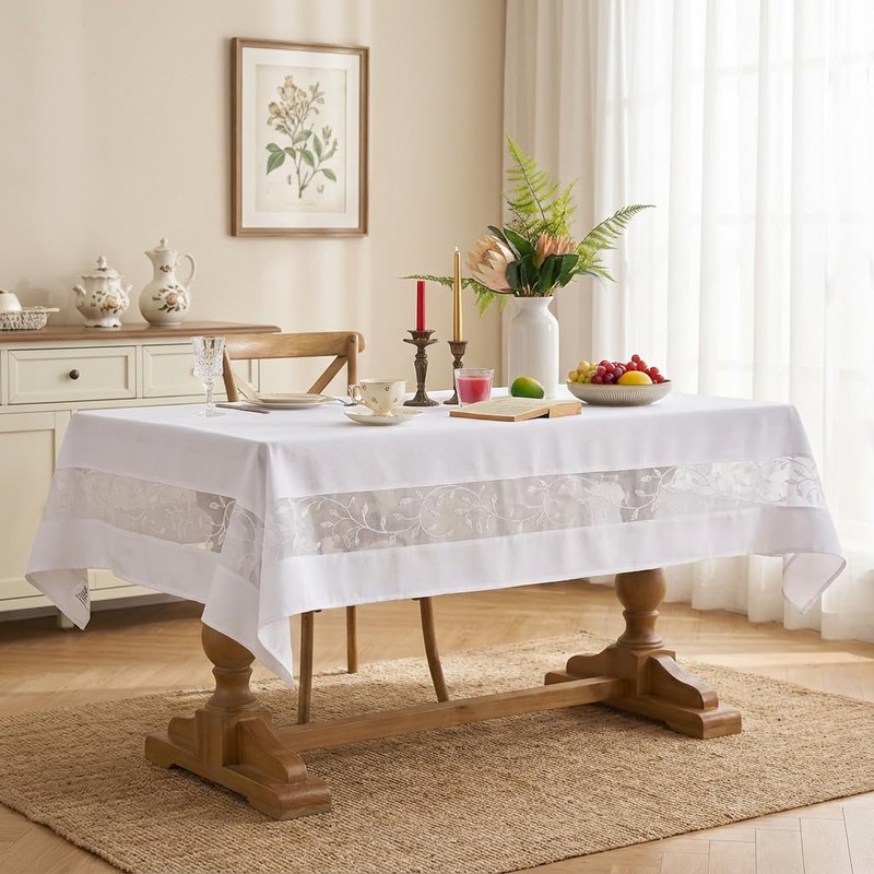 youngseahome Polyester Fabric Tablecloth with Exquisite Embroidery Sheer Border-Waterproof/Wrinkle Resistant-for