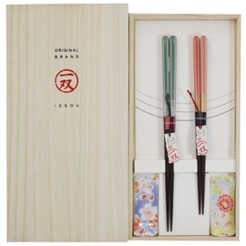 Issou Couple Chopsticks, Lacquered Chopsticks, Paulownia Box, Includes Chopstick Rest, Honoka, 2 Pairs, Made in Japan