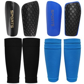 GROOFOO 2 Pairs of Children's Football Shin Pads - Children's Football Elastic Slip Pocket Compression Socks + Shin Pads Football - 1 x Black, 1 x Blue (M)