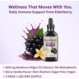 Think Above Elderberry Liquid Drops, 600mg, 2 Fl Oz, Pure Sambucus Extract with Vanilla, Vegan Immune Support Supplement, (Pack of 2)