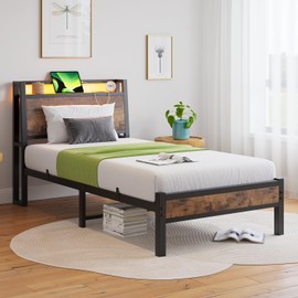 ZGEHCO Twin Bed Frames with Ergonomic Storage Headboard,Metal Platform Bed Frame with Charging Station,LED Bed Frame Twin Size No Box Spring Needed,Heavy Duty Steel Slats,Noise Free,Rustic Brown