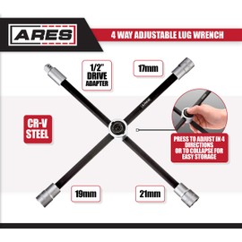 ARES 57000 – 26-Inch Universal Multi-Position Lug Wrench Set - 17mm, 19mm, and 21mm Socket Ends – Unique ½-Inch Drive Socket Adapter End – Compact Design with Storage Pouch