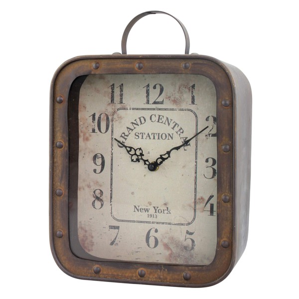 Stonebriar Large Square Rustic Metal Table Top Clock with Handle and Rivet Detail, Industrial Home Decor Accents for the Mantel, Shelf, Desk, or Any Table Top, Battery Operated