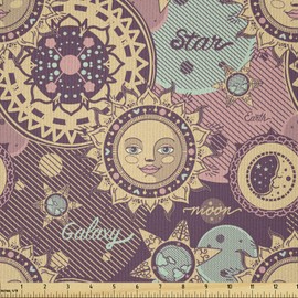 Lunarable Sun and Moon Fabric by The Yard, Fantasy Cartoon Style Space Fictional Composition Galaxy Planets Stars Earth, Microfiber Fabric for Arts and Crafts Textiles Decor, 2 Yards, Purple Yellow