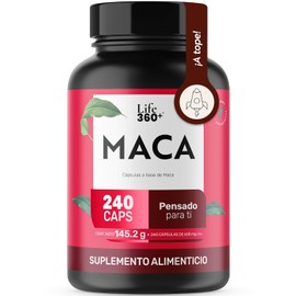 LIFE 360+ Maca | 240 Cápsulas | 1210 mg | Mezcla de Maca Negra, Amarrilla y Roja| Ingredientes de origen natural | Suplemento Alimenticio | Sin Colorantes Artificiales | Tomar 2 Cápsulas al Día
