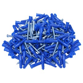 HANGDONE Ribbed Wall Anchors #10-#12 1-1/4-Inch with Screws 100-Pack, Blue, Plastic Anchor for Drywall/Concrete, Pan Head Phillips Screw Included