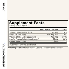 Amen Iron Ultra Supplement + Copper, Folate, Vitamin C and B12-2-Month Supply - Ferrous Sulfate Iron Vitamin - 65mg Per Serving - Folic Acid - Non-GMO Pills - 60 Capsules