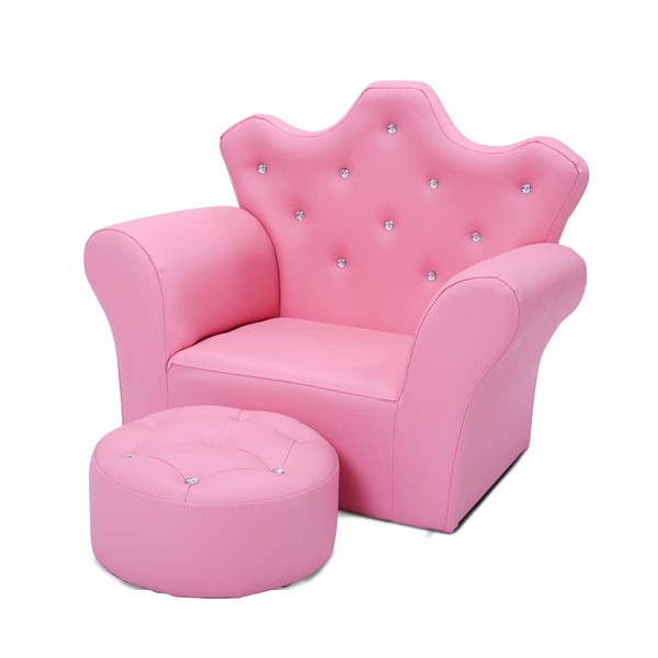HONEY JOY Kids Sofa, Children Princess Upholstered Couch Armrest Chair with Ottoman, PVC Leather & Embedded Crystal, Toddler Bedroom Furniture for Baby Girl (Pink)
