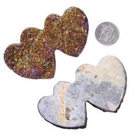 mookaitedecor Titanium Coated Clear Quartz Crystal Cluster Purple Gold Crystal Heart Shaped Stone Rock Double Heart Ornament Party Wedding Decor, Raw Crystal Purple Love Heart Crystal Room Decor