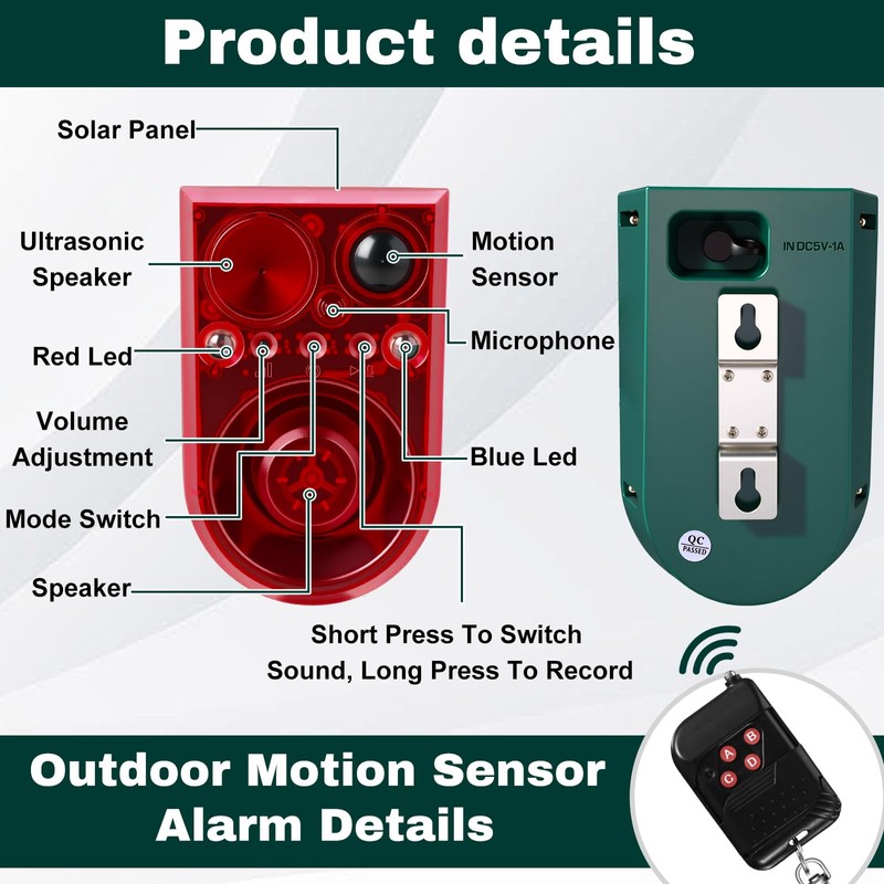 Qualirey 2 Pack Solar Outdoor Motion Sensor Alarm Ultrasonic Animal