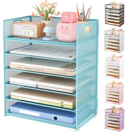 Subekyu 6 Tier Office File Paper Desk Tray Organizer with Handle, Stackable Slid Tray, Mesh Letter Tray Folder Blue Desk Organizer, Desktop Document Sorter for Classroom, Office, Home Supplies Storage