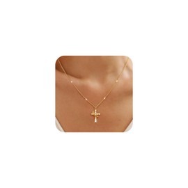 HABIKIP Cross Necklace for Women, Dainty 14k Gold Plated Diamond Cross Crown Pendant Gold Necklaces Trendy Cubic Zirconia Non Tarnish Adjustable Gold Chain Necklace Simple Cute Jewelry Gifts for Women