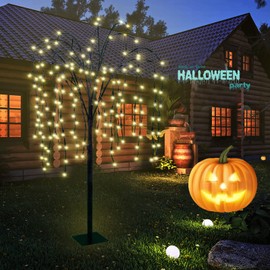 LED Solar Willow Tree Lights Outdoor,4.6Ft Lighted Weeping Willow Tree,Adjustable Branches Fairy Light Tree,Artificial Christmas Tree for Garden Decoration(Flat Bottom Stand & Spike) - Warm White