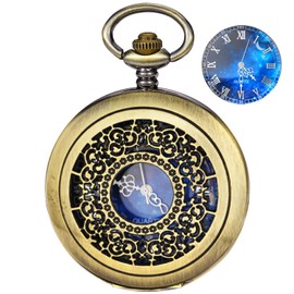 Tiong Exquise Starry Blue Hollow Case Quartz Pocket Watch Roman Numerals Retro Watches Souvenir Christmas Graduation Birthday Gifts Fathers Day(24-Bronze)