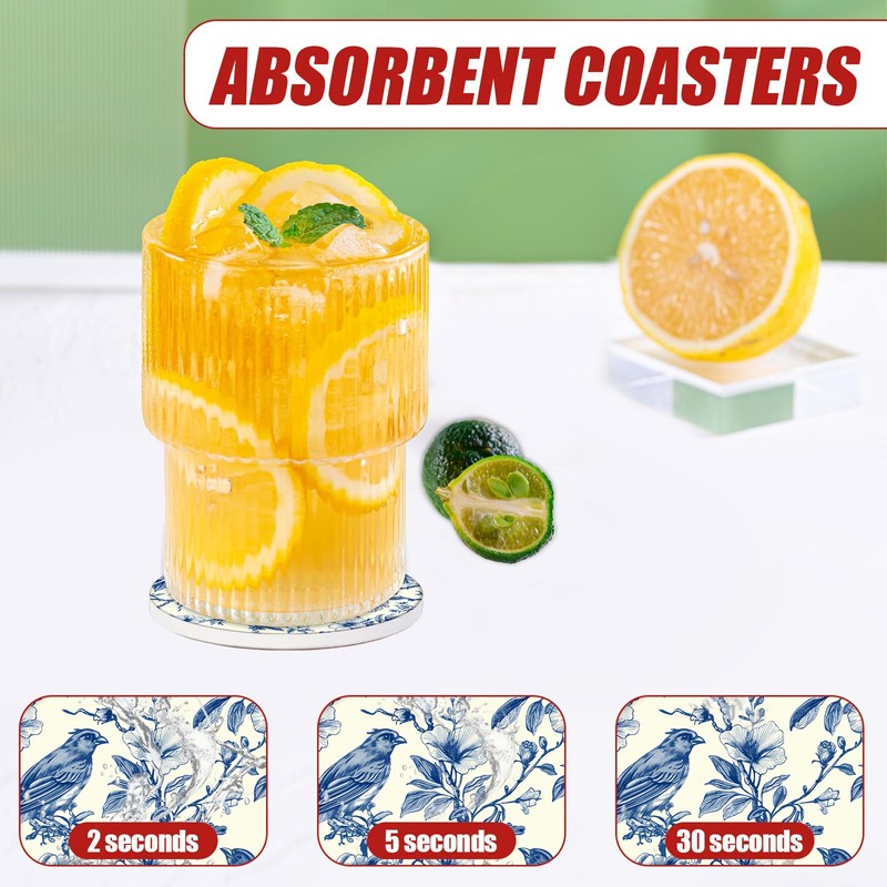 Blue Bird Floral Car Coasters for Cup Holders, Absorbent Ceramic