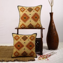 Trade Star Set of 2 Kilim Handwoven Pillowcases Southwestern Cushion Cover Handloomed Rug Decorative Cushion case 18x18 Inches Designer Jute Wool Cushion Cover Throw Pillow Cover (Kilim 15)