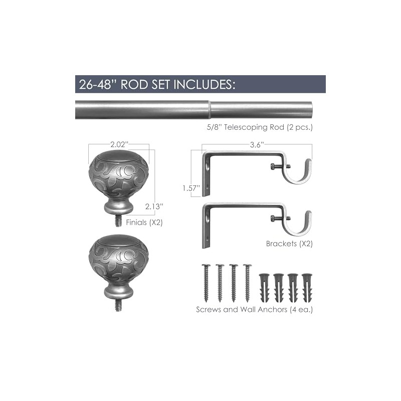 Sorrento 26-48 Inch Adjustable Curtain Rod Set, 5/8 Inch Diameter