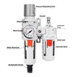 NANPU 1/2" NPT Auto-Drain Air Filter Regulator Lubricator Combo (FRL) Water/Oil Trap Separator - Gauge(0-150 psi), 5 Micron Brass Element, Poly Bowl, Metal Bracket