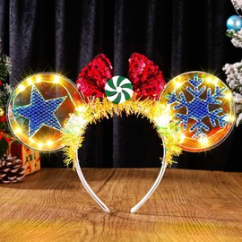 JEAIRTS Light Up Christmas Mouse Ears Headband Glow Xmas Bow Hairband Led Snowflake Star Costume Hair Accessories for Women (1-Red-Warm Light)