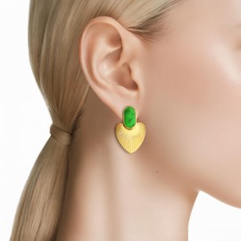 18K Plated Gold Earring Fashion Dangle For Women, Gold Heart Drop Earrings with Mother of Pearl Inlay, Statement Dangle Design(Gold Green, 25mm)