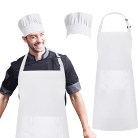 AIBAOBAO Kitchen Apron for Men Women, Chef's Hat and Apron Set, Adjustable Apron, Bib Apron with Pocket, Baking Apron Women, Cooking Apron White, 70 x 65 cm, for Cooking, Baking, Kitchen, Crafts,