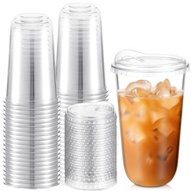 Baderke Clear Plastic Cups with Strawless Sip Lids Disposable Round Bottom Togo Cups for Coffee Smoothie Cold Beverage Coffee Shops and Party Catering(18 oz,50 Pcs)