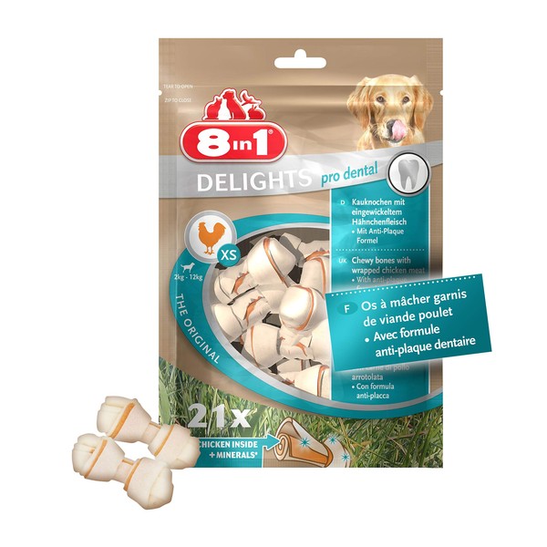 8 in 1 Delights Dental XS - Beef Bone for Small Dogs - Enriched with Minerals - Heart Meat - Prodental Limits Tartar - Grain-Free Colouring Artificial Aroma - 21 Pieces