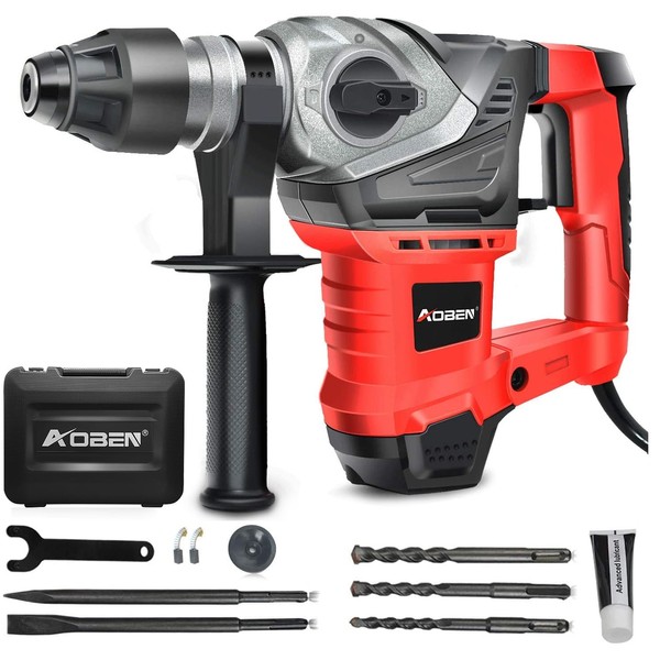 AOBEN Rotary Hammer Drill with Vibration Control and Safety Clutch,13 Amp Heavy Duty 1-1/4 Inch SDS-Plus Demolition Hammer for Concrete-Including 3 Drill Bits,Flat/Point Chisels.