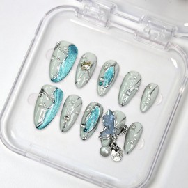 Almond Handmade Press on Nails Blue Glitter Acrylic Nails with 3D Irregular Pendant Design Nature Handmade Pearl Rhinestone Embossed Fake Nails Reusable Muti-Layer Gel Stick on Nails for Women (M)