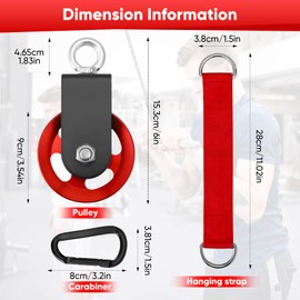 Pulley Winch 90 mm, Pulley with Hanging Strap, Can Carry 300 kg, Pulley Block, Pulley Fitness with U Retaining Bracket, Rope Pulley with Carabiner Hook, Connection Strap for DIY Gym Fitness Equipment