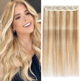 Benehair Clip in Hair Extensions Real Human Hair Bayalage Brown with Blonde Highlights 3/4 Full Head 5 Clips 1 Piece Hair Clip in for Women with Thinning Hair(#12P613 Golden Brown&Bleach Blonde, 18〃)