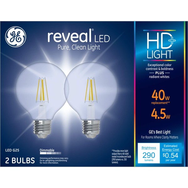 GE Lighting Reveal HD+ 40W Replacement LED Light Bulbs, 2-Pack, Clear, Decorative, Globe, Dimmable LED Light Bulbs, Medium Base, G25