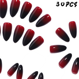 Cherry Red Apricot Kernel Press on Nails Set, 30 PCS / 16 Yard Short Oval Nails with Adhesive Label Reusable Jelly Soft Gel Acrylic Fake Nail Set, Suitable for Women's Gifts