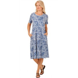 LA CERA Cotton Knit A-Line Dress - Blue Floral (Large, Blue)