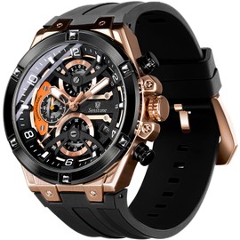 senstone Mens Watch with Rubber Strap Quartz Analog, Fashion Multifunction Chronograph Sport Watch for Men Casual with Calendar Waterproof Silicone Band (Rose-Black)