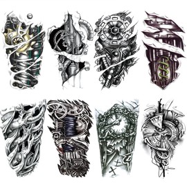 3D Cool Mechanical Temporary Tattoo for Men, Large Half Sleeve Black Realistic Steampunk Gear Wheel Fake Tattoo Adult Teen Boy, Big Robot Arm Clock Temp Tatoo Sticker Arm Body Art Makeup, 8-Sheet