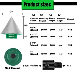 Mgtgbao 35mm Green Diamond Beveling Chamfer Bit, 1-3/8" Diamond Countersink Drill Bits with M14 Thread for enlarging, polishing and Bevelling Granite Marble Tiles Size of 0 to 1-3/8 Inch